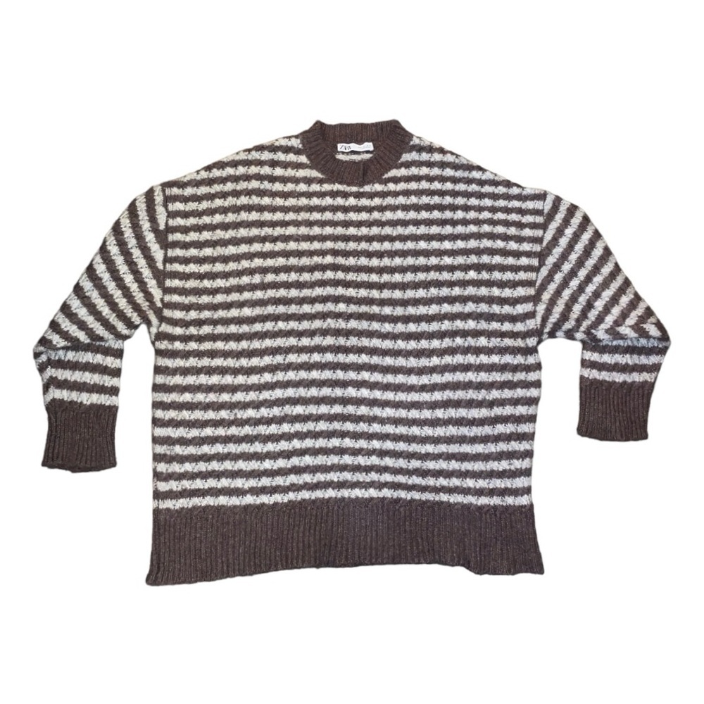 ZARA Brown and White Striped Oversized Slouchy Cozy Crewneck Knit Sweater Large - Picture 9 of 15